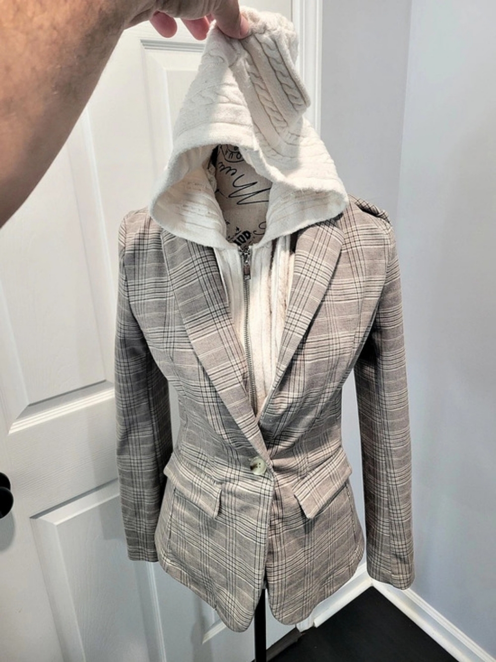 Tahari Plaid Hooded Blazer in Gray & Beige Size XS Like New
